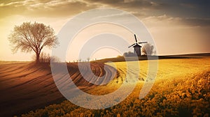 idyllic landscape windmill in a flower field, lonely tree, harvest, sunset