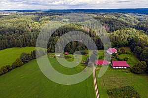 Idyllic Latvian rural landscape near Cesis, in the territory of the Gauja National Park, view from above