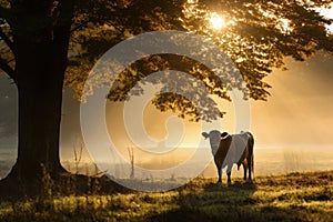 Idyllic Morning Scene: A Cow Grazing in Soft Golden Light of Daybreak