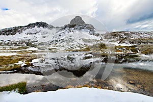 Idyllic mountain lake with reflection of the top with the first autumn snow