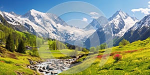 Idyllic mountain landscape in the Alps with blooming meadows in springtime