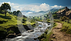 Idyllic mountain meadow, green trees, flowing water, tranquil summer generated by AI