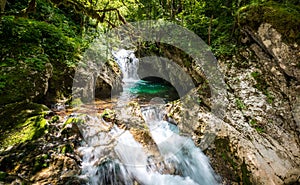 Idyllic mountain river in Lepena valley, Soca - Bovec Slovenia.