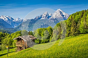 Idyllic mountain scenery with old chalet in the Alps in springtime