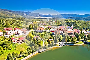 Idyllic mountain town of Fuzine on Bajer lake aerial view
