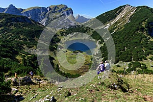 Idyllic mountains scenery hiking in the mountains. Austrian Alps, Tyrol, Lake Zirein