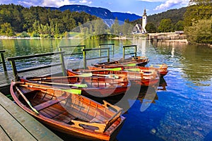 Idyllic nature scenery - beautiful magic lake Bohinj in Slovenia, Triglav National Park