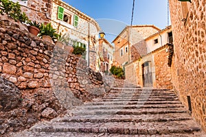 Street staircase in the beautiful village Fornalutx on Majorca island, Spain