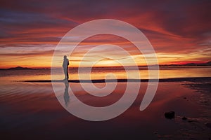 Idyllic orange sunrise on the beach of Los Urrutias, in the Mar Menor, Cartagena, Region of Murcia