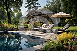 Idyllic outdoor scene featuring a modern pool with a set of stylish patio furniture, AI-generated.