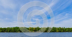 Idyllic panorama landscape wallpaper photography green tree lake water and blue sky background scenic view with empty copy space