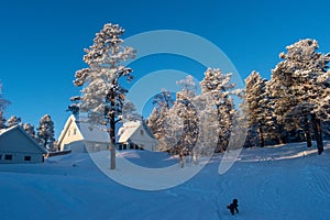 Idyllic panoramic cold winter view in the arctics with lot of snow and blue sky.