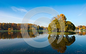 Idyllic park area near blue lake