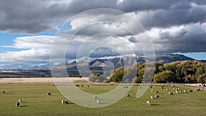 Idyllic Patagonian landscape with lambs photo