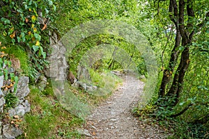 Idyllic path to Sabiona Monastery near Chiusa, Province of Bolzano, Trentino Alto Adige, Italy.