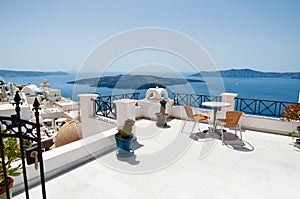 Idyllic patio in Fira capital on the island of Thera(Santorini), Greece.