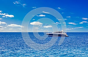 Idyllic picturesque expensive cruise vacation concept photography of Mediterranean sea scenery landscape and lonely yacht floating