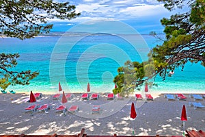 Idyllic pine trees and pebble beach in Baska Voda view