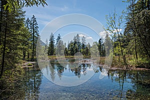 Idyllic pond with water reflection - natural fount photo