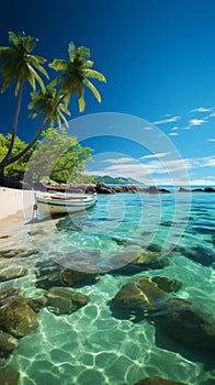 Idyllic retreat Tropical beach, palm tree, crystal sea nature\'s paradise on an island