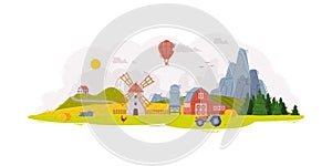 Idyllic Rural Landscape Scene with Mountain, Field and Windmill with Barn Vector Illustration