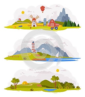 Idyllic Rural Landscape Scene with Mountain, Field and Windmill with Barn Vector Set