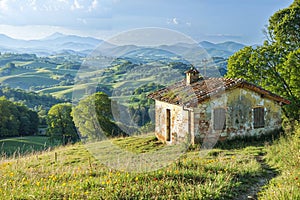 Idyllic rustic cottage overlooking scenic hills at sunset