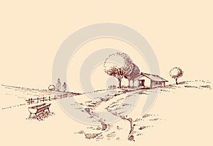 Idyllic rustic landscape sketch