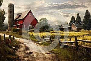 An idyllic scene of a farm with a vibrant red barn, capturing the beauty of rural life, An old-fashioned countryside with rustic