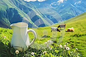 Idyllic scene of rural life: a pitcher of milk placed on a verdant Alpine mountainside surrounded by colorful blooms