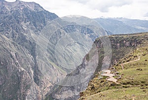 Idyllic scenery of Colca Canyon with beautiful rocky mountains and Cruz del Condor viewpoint near Arequipa, Peru