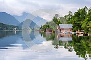 Idyllic scenery of Grundlsee lake in Alps mountains