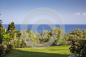 Idyllic sea view of the coastline on Skopelos island, beautiful island scenery in Aegian Sea, Greece.