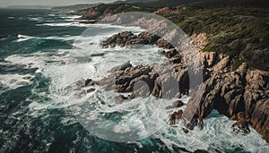 Idyllic seascape breaking waves on rocky coastline, horizon over water generated by AI