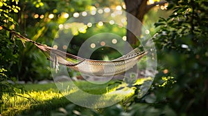 An idyllic setting of a hammock nestled in a lush green garden offering a tranquil retreat for a restful slumber. 2d photo