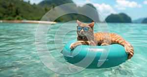 In the idyllic setting of the turquoise sea, a happy and relaxed cat lounges on an blue inflatable ring,