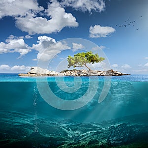 Idyllic small island with lone tree in the ocean