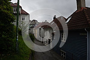 Idyllic small street Knosesmauet with colorful traditional wooden houses