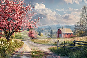 Idyllic Spring Countryside Scenery with Blossoming Trees and Quaint Red Barn along a Serene Rural Road