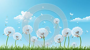 Idyllic spring scenery with delicate white dandelion flowers on vibrant background