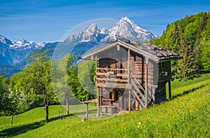 Idyllic springtime landscape in the Alps with traditional mountain lodge