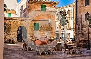 Idyllic square in Manacor town on Majorca island, Spain