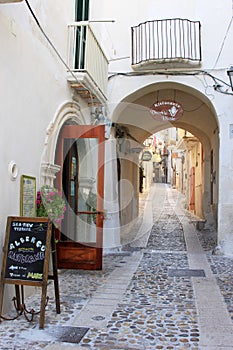 Idyllic street in ancient town Vieste, Italy