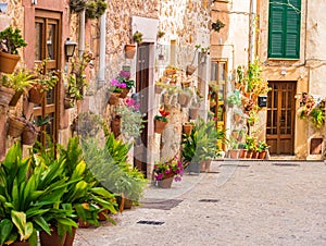 Beautiful flowers street in old village on Majorca island, Spain