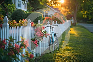 Idyllic suburban evening with vintage bicycle