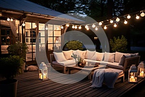 Idyllic Summer Evening Patio Bliss in the Garden of a Stunning Suburban House Adorned with Sparkling Lights.. created with