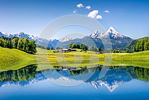Idyllic summer landscape with clear mountain lake in the Alps