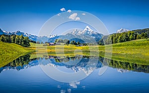 Idyllic summer landscape with clear mountain lake in the Alps