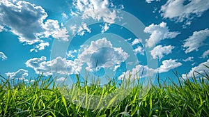 Idyllic Summer Landscape with Green Grass and Blue Sky featuring White Clouds