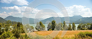 Idyllic summer landscape upper bavaria, view to the alps and lake tegernsee